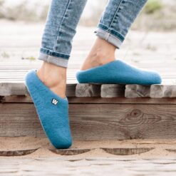 wool slippers blue on feet