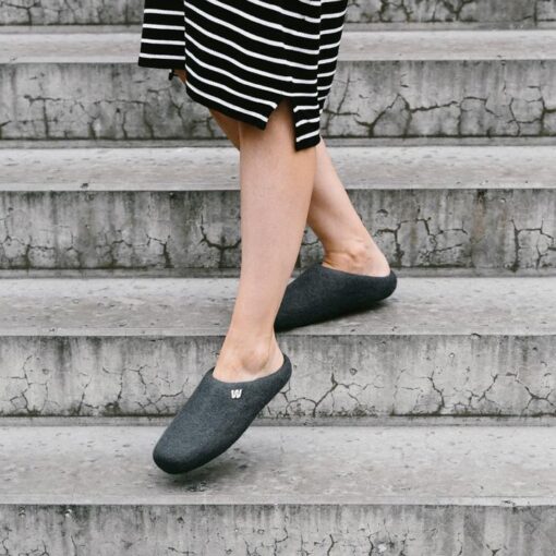 wool slippers grey on feet